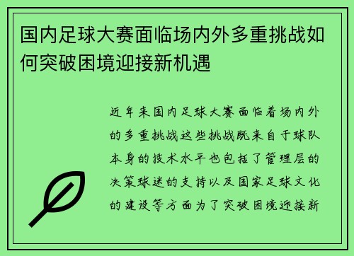 国内足球大赛面临场内外多重挑战如何突破困境迎接新机遇