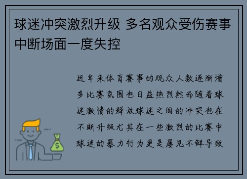 球迷冲突激烈升级 多名观众受伤赛事中断场面一度失控
