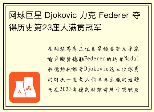 网球巨星 Djokovic 力克 Federer 夺得历史第23座大满贯冠军